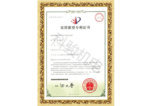 潤東方環(huán)?？照{分水器布水管實(shí)用新型計專(zhuān)利證書(shū)